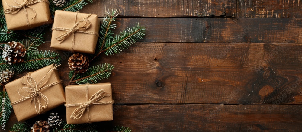 Poster brown gift boxes adorned with fir branches and ribbons on a wooden backdrop. perfect for christmas o