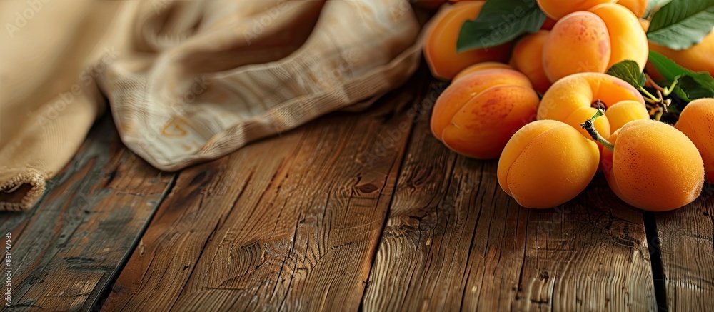 Poster close-up of ripe apricots on a wooden table with a napkin, copy space image.