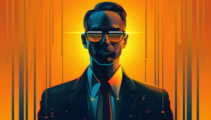 A stylish man in a suit with futuristic glasses stands against an orange-lit background, blending classic elegance with modern technology, exuding confidence and style