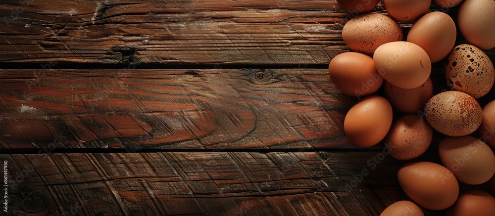 Poster close-up shot of some fresh eggs on a dark wooden background with copy space image.