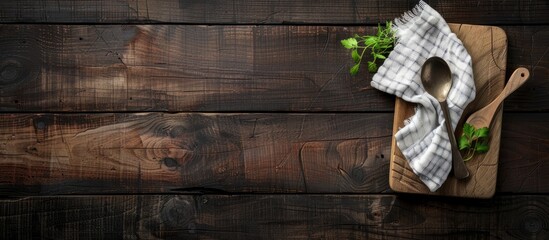 Aerial view of a cutting board with a towel, spoon on dark wood backdrop with room for a copy space image.