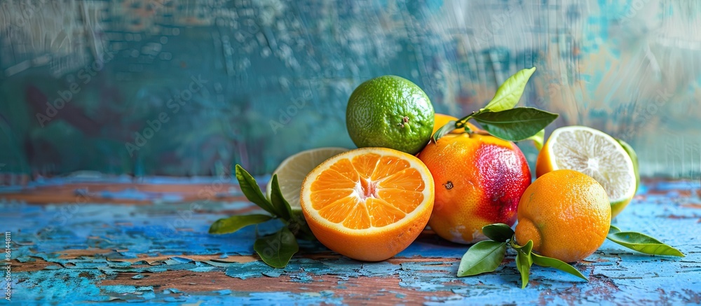 Poster design concept featuring vibrant fresh citrus fruits staged against a weathered blue backdrop with s