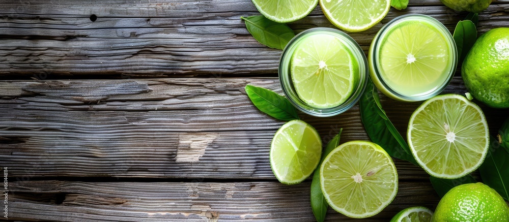 Poster detox diet with lime slices and lime juice on wooden table for copy space image.