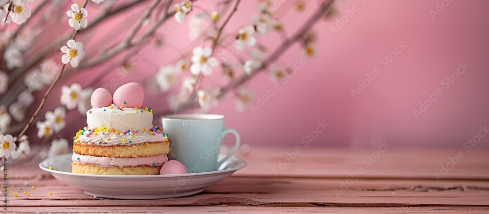 Poster Festive Easter setup with a plate of cake and a coffee cup against a backdrop with space for text or images. image with copy space