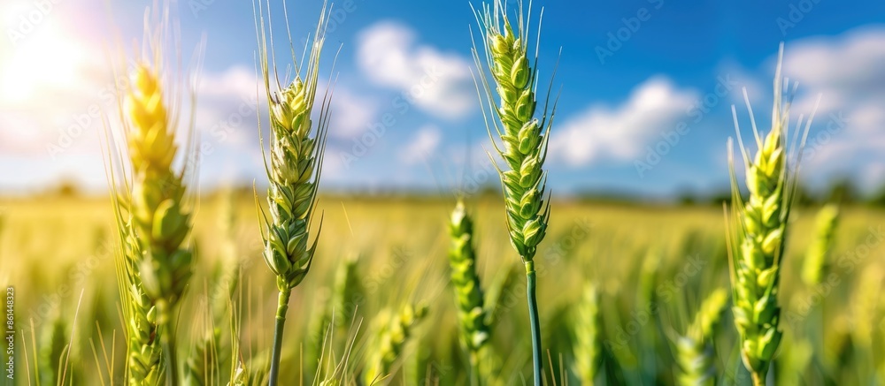 Poster close-up image of green wheat and barley spikelets on a farm field under a blue sky, with space for 
