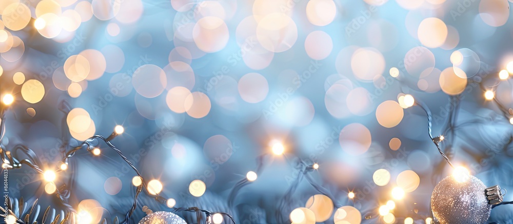 Poster Blurred silver glittering bulbs backdrop with a holiday festival sparkle circle lit display for Christmas concepts with a festive atmosphere and a copy space image.