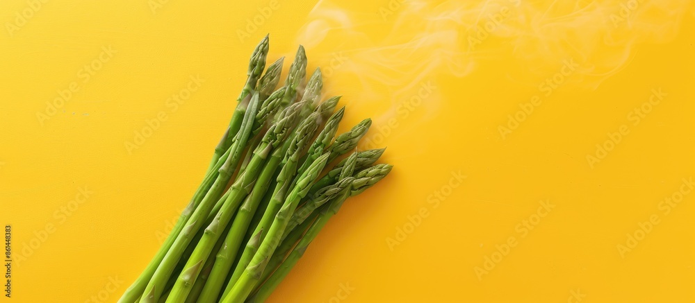 Aufkleber Asparagus steaming on a yellow backdrop with top-down copy space.