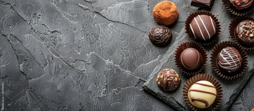 Poster Chocolate candies on a slate plate placed on a rustic table with textured surface, creating an inviting scene with copy space image.