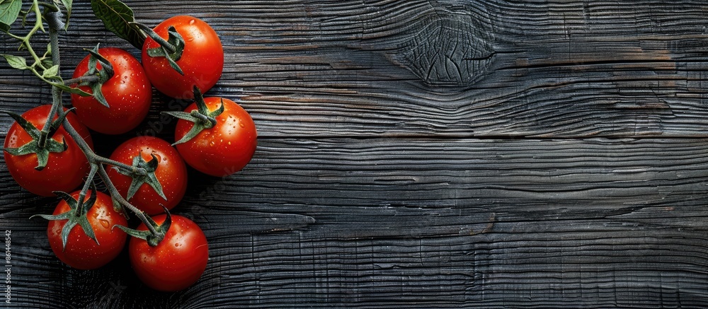 Poster an aerial view of ripe red tomatoes on a branch against a dark gray wooden backdrop with oak texture