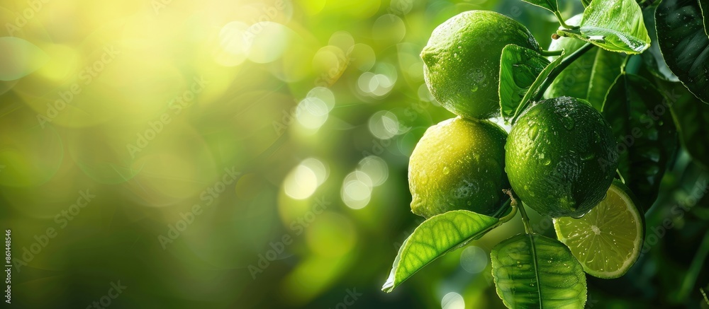 Poster close-up of ripe limes on a garden tree branch with available copy space image.