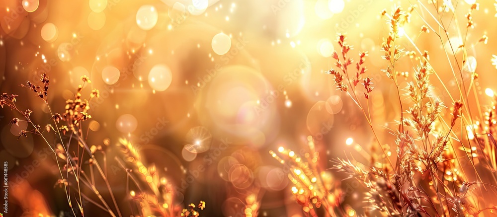Poster Capture the essence of fall with an abstract background featuring dry autumn grass bathed in the warm light of sunrise or sunset, complete with bokeh effects, creating a blurred and inviting scene