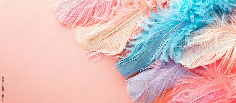 Poster delicate colors enhance ostrich feathers in a close-up photo on a pastel background, neatly arranged
