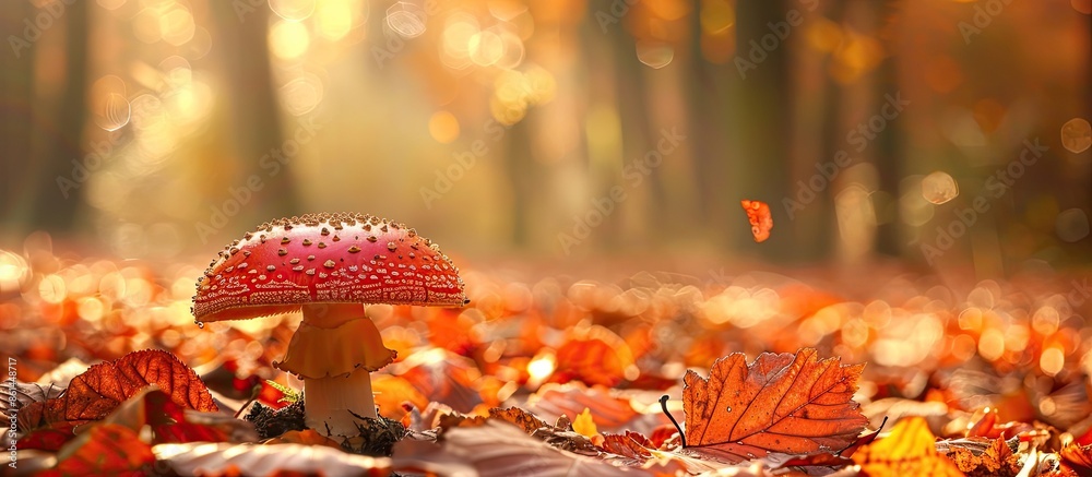 Poster fall leaves surround a mushroom growing on the ground, creating a picturesque scene with ample copy 