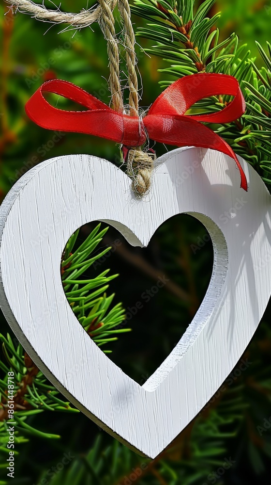 Canvas Prints Heart shaped white ornament with red ribbon, symbolizing love and celebration, vibrant and festive outdoor photography