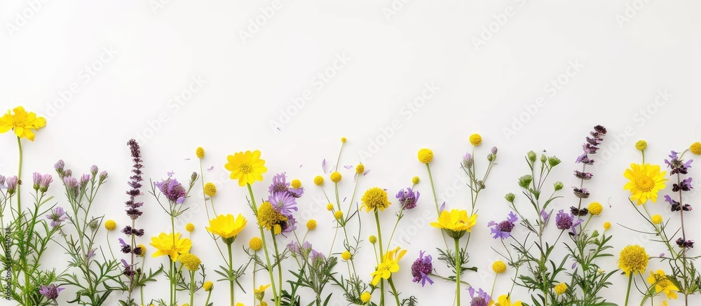 Poster flat lay image with yellow and purple meadow flowers on a white backdrop, featuring copy space.