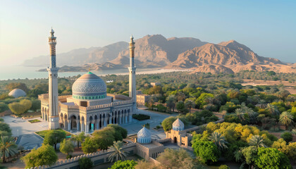 Obraz premium A beautiful mosque with a large dome and tall minarets nestled among lush greenery, set against a backdrop of rugged mountains, creating a serene and picturesque landscape