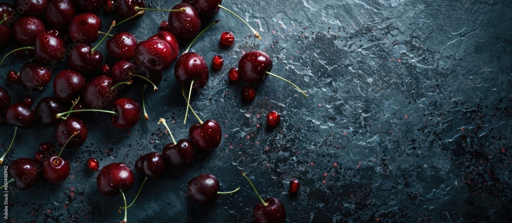 Poster Dark sweet cherries scattered on a dark backdrop with space for text or images. image with copy space