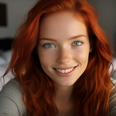 Naklejka premium portrait of a woman, smiling with red hair and blue eyes