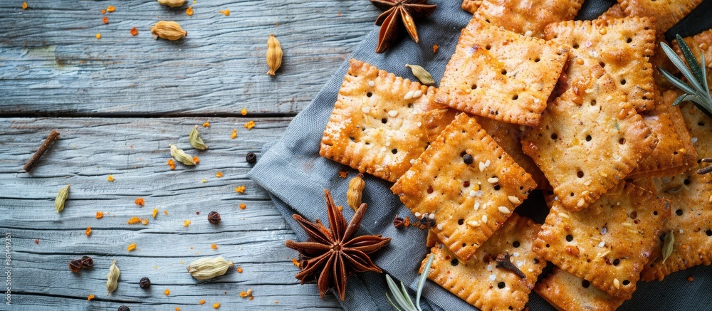 Poster Crackers with spices displayed on a gray wooden surface, ideal for a copy space image.