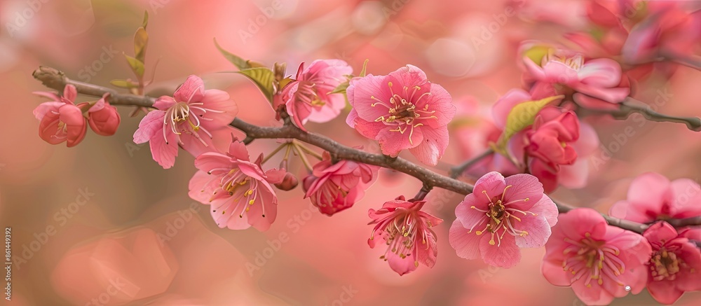 Poster close-up image showcasing a tree branch with beautiful fresh pink flowers in full bloom during sprin