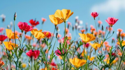 Obraz premium A vibrant assortment of wildflowers in full bloom, featuring red, yellow, and pink hues, set against a clear blue sky. The flowers stand tall, showcasing the beauty of nature.
