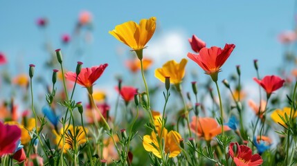 A diverse collection of wildflowers blooming vibrantly in a sunny field. The flowers showcase red, yellow, and pink colors, swaying gently under a bright blue sky.