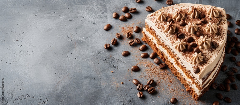 Poster coffee cake garnished with coffee beans, creating a delightful aesthetic with a copy space image.