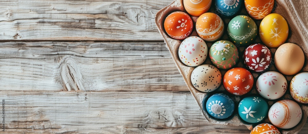 Poster easter eggs displayed in a carton on a light wooden surface with room for text. copy space image.