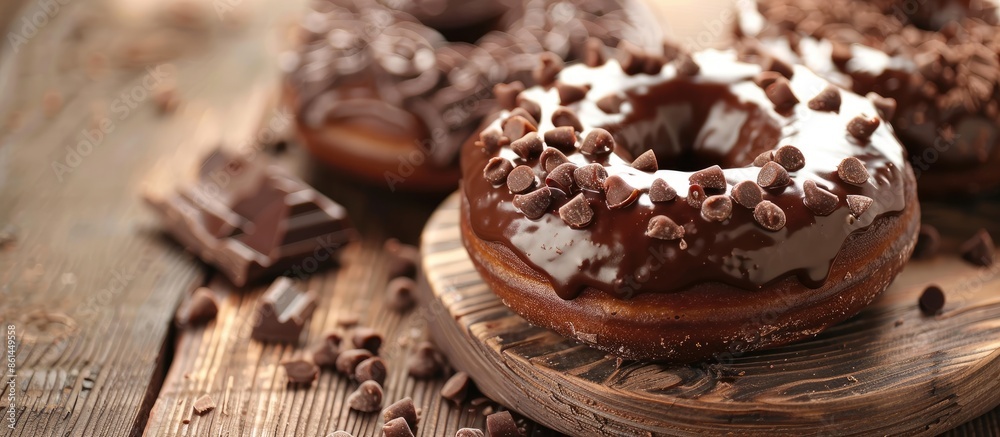 Poster Chocolate donut with chocolate pieces and stripes displayed on a wooden table with selective focus for a copy space image.