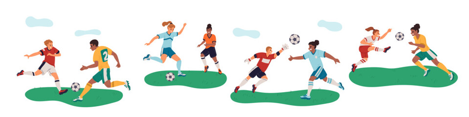 Athletes in uniform kick ball. Fighting soccer players. Sportsmen characters attacking and defending goals. Football match. Game competition. Footballers dynamic poses. Garish vector set