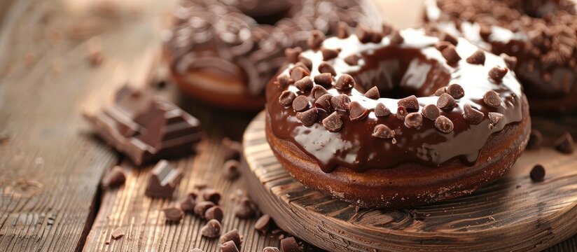 Chocolate donut with chocolate pieces and stripes displayed on a wooden table with selective focus for a copy space image.