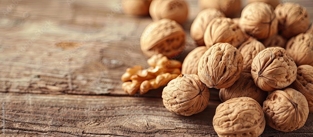 Poster Close-up view of a pile of walnuts on a wooden surface with ample copy space image.