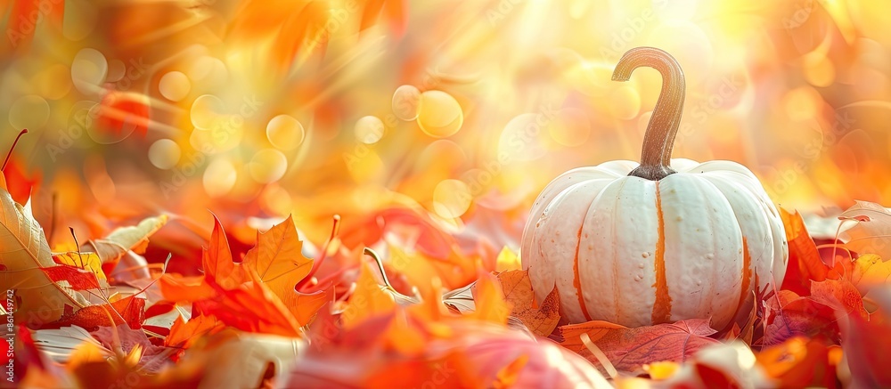 Poster Colorful autumn setting with selective focus on orange and white pumpkin surrounded by vibrant maple leaves. Bokeh background provides copy space image.