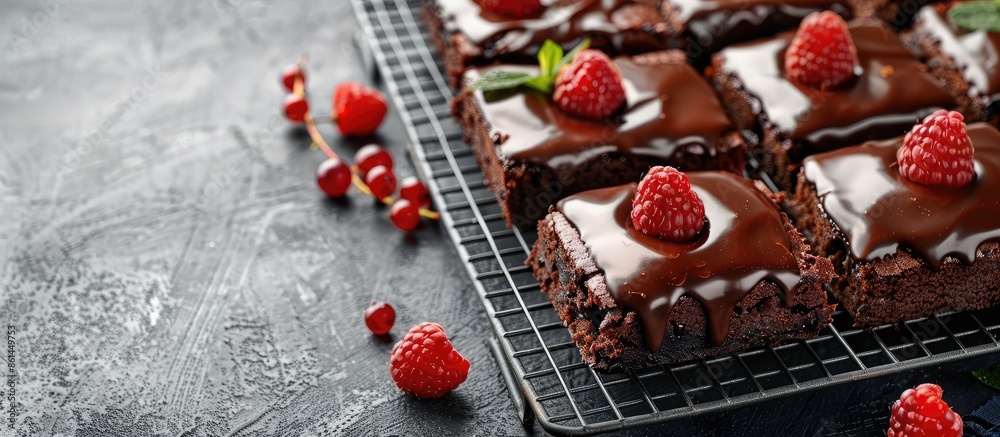 Poster delicious dessert with chocolate brownie squares topped with chocolate glaze and fresh berries place