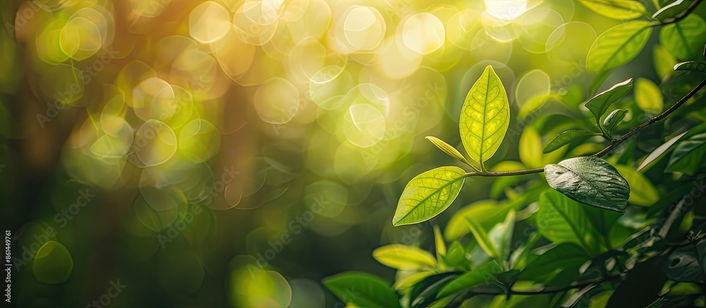 Poster blurry green nature background with a leaf in a garden setting, perfect as a backdrop or wallpaper w