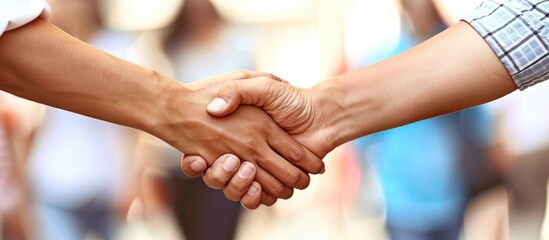 Business handshake during negotiations seen in close-up copy space image.