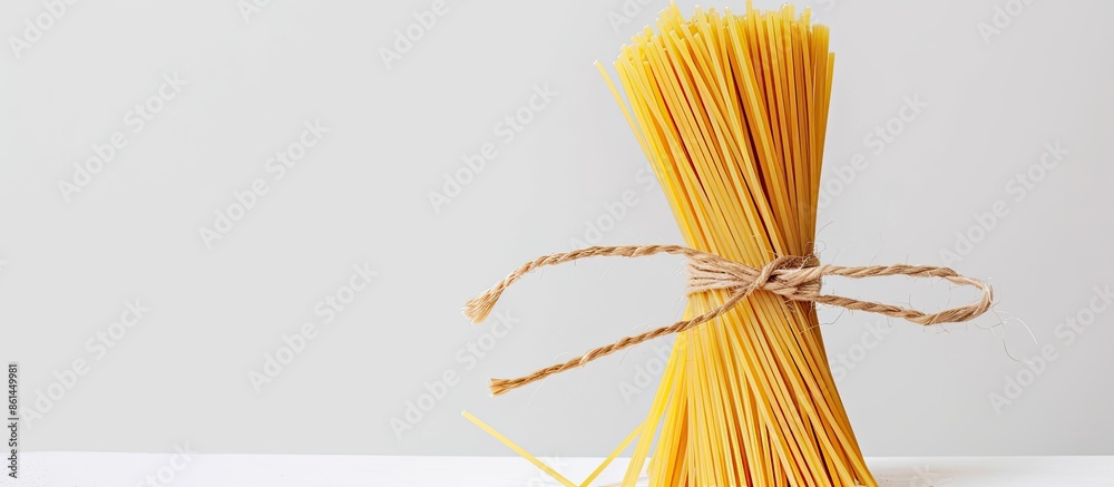 Poster closeup of a bundle of italian long yellow spaghetti against a white backdrop with copy space image.