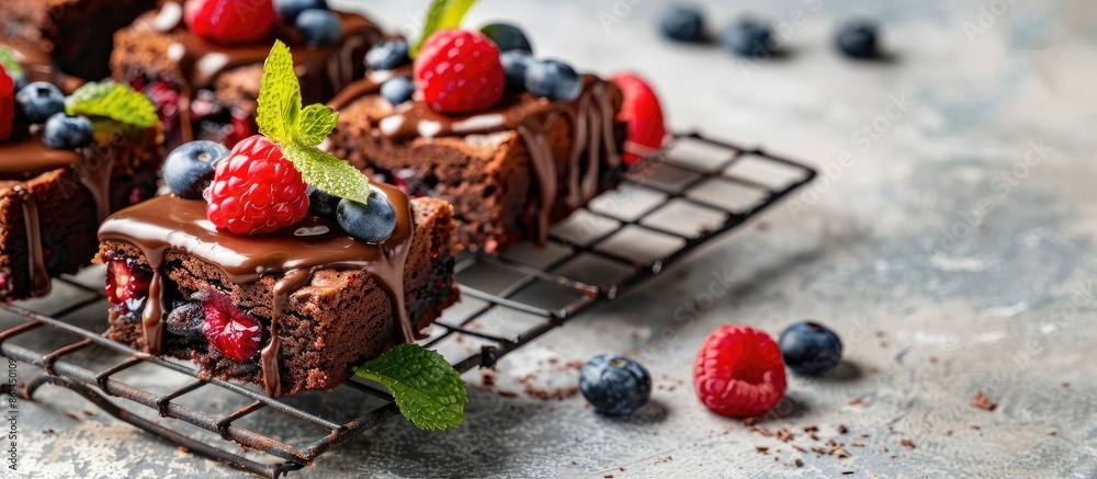 Poster delicious dessert with chocolate brownie squares topped with chocolate glaze and fresh berries place