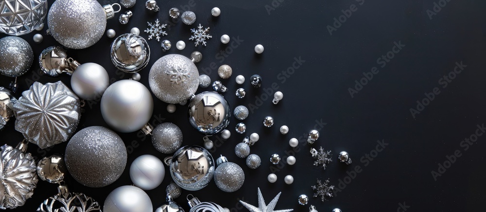 Poster Black background highlighted with white and silver Christmas decorations with empty copy space image for text, ideal for holiday postcards or invitations. Top view layout.