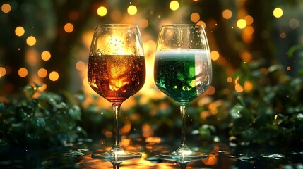 Two glasses of champagne with green and red liquid.