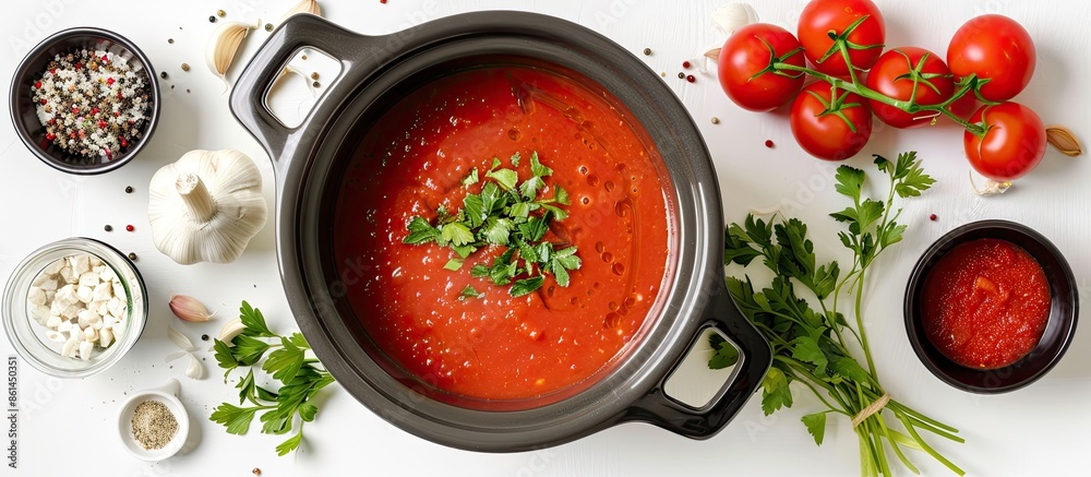 Poster An image of gazpacho soup in a crock pot with ingredients, isolated on a white background, offering space for text or graphics. image with copy space