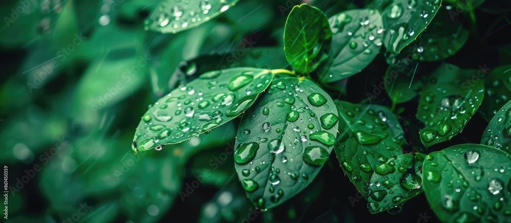 Poster closeup image of raindrops on a wild plant with fresh green foliage background for copy space image.