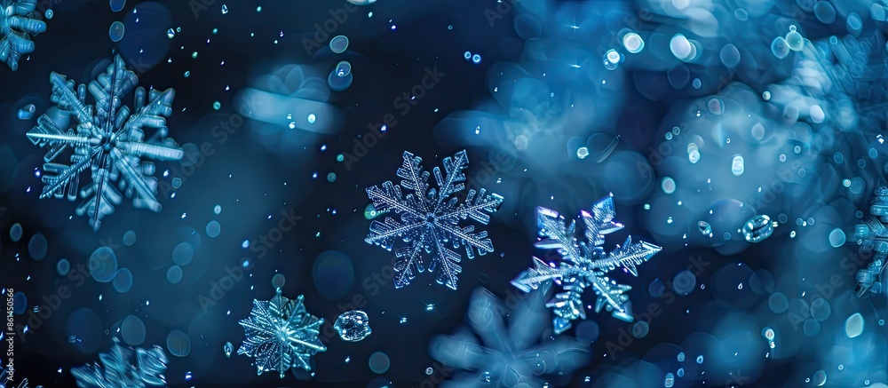 Aufkleber Snowflakes in white and blue hues look aesthetically pleasing against a dark background, creating a mesmerizing copy space image.
