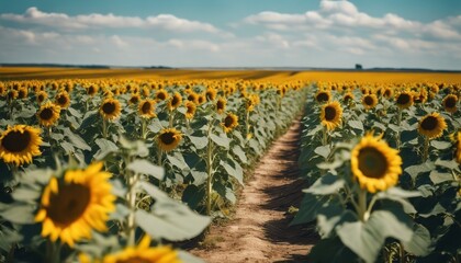 Obraz premium Agricultural field with yellow sunflowers against the sky with clouds. Sunflower field. Gold sunset. Sunflower closeup. Agrarian industry. Photo of cultivation land.