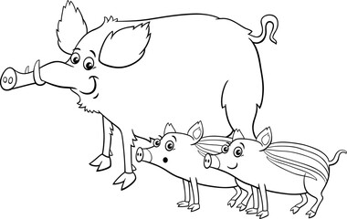 cartoon wild boar animal with piglets coloring page