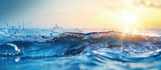 Abstract nature backdrop with sunlit waves on clear, calm water, in blue hues, featuring bubbles and splashes. Ideal for a copy space image.