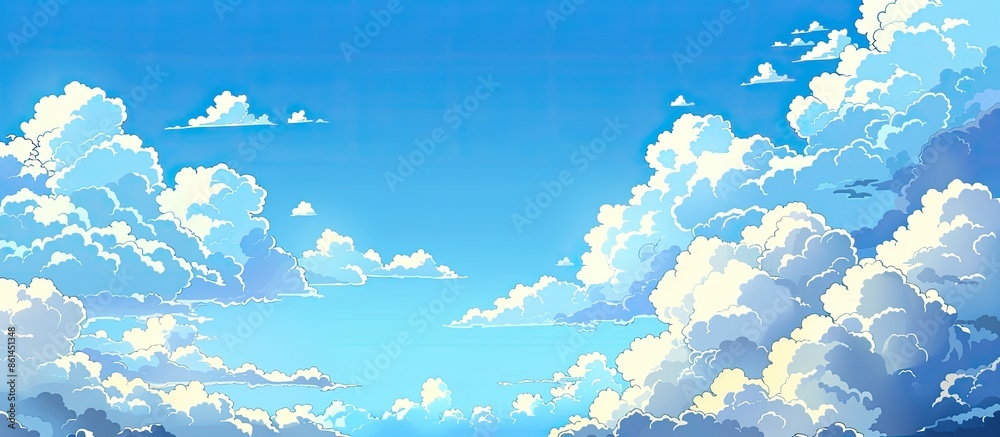 Poster a scenic backdrop featuring a blue sky with fluffy white clouds, ideal for copy space image.
