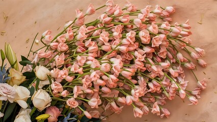 Gently pink eustomas on the beige background natural background with a bouquet of flowers