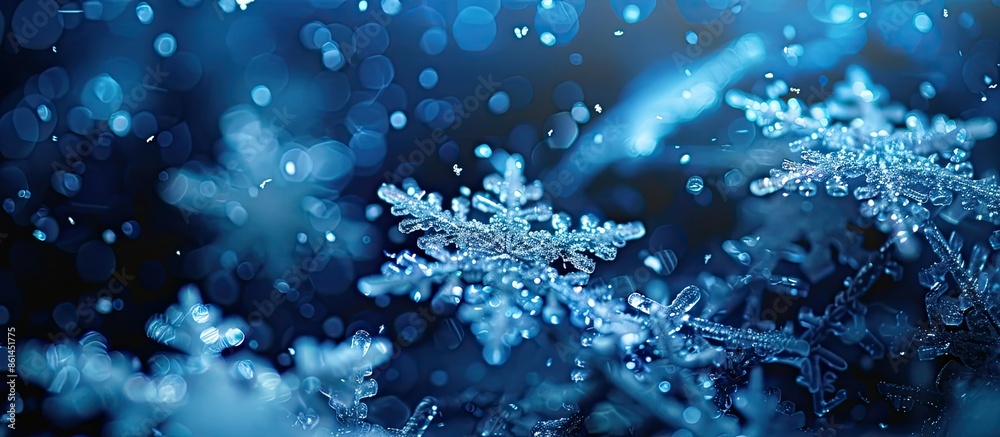 Aufkleber Snowflakes in white and blue hues look aesthetically pleasing against a dark background, creating a mesmerizing copy space image.