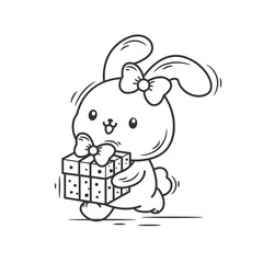Cute cartoon bunny with gift box. Vector illustration for coloring book.